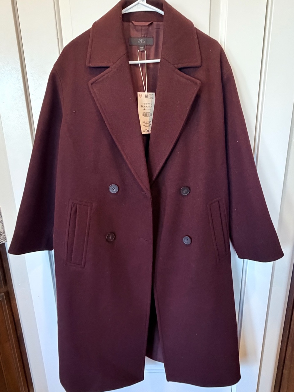 Zara Double-Breasted Longline Coat - Deep Wine
